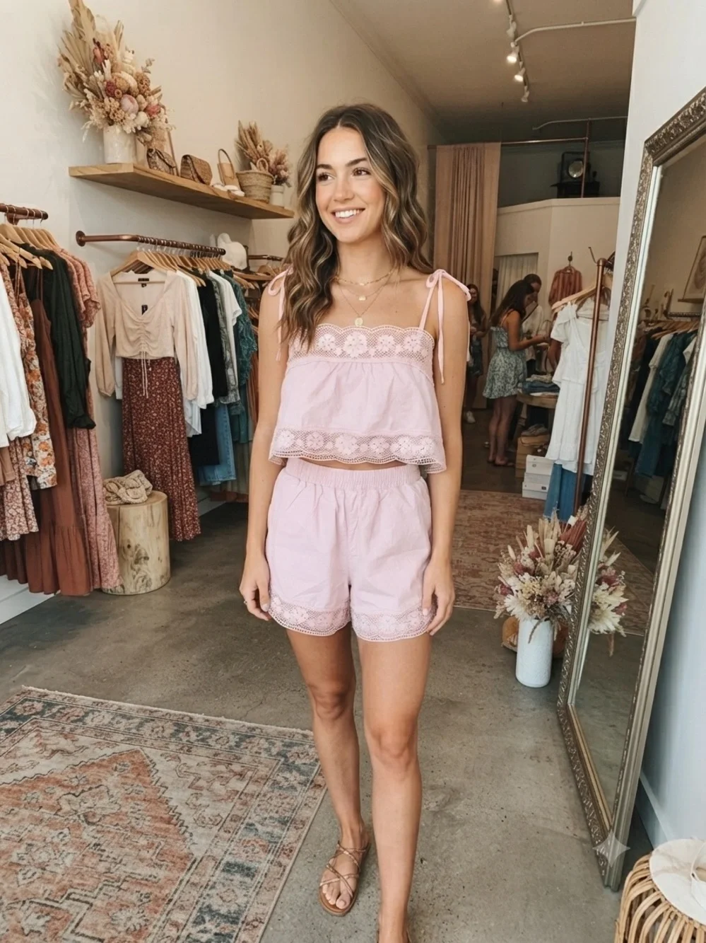$140 Mable eyelet lace detail short and crop tank set,S